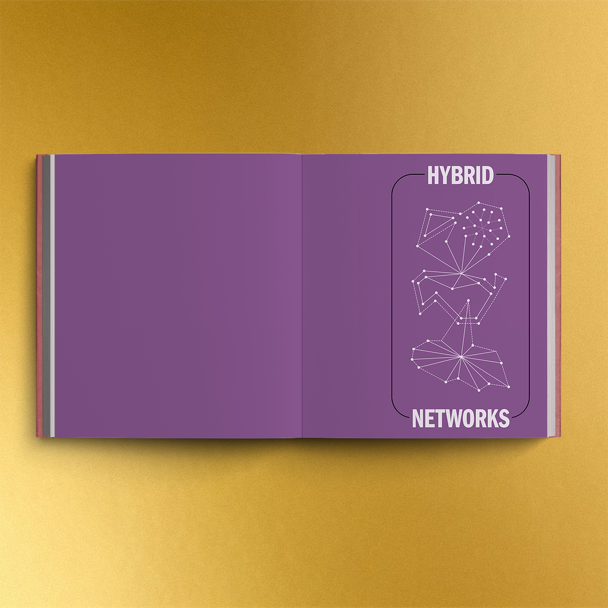 two-page spread of interior section design for "Hybrid Networks." purple background and white text. the page on the right side has "HYBRID" at the top, an image of two different network topologies intersection with each other, and the word "NETWORKS" at the bottom